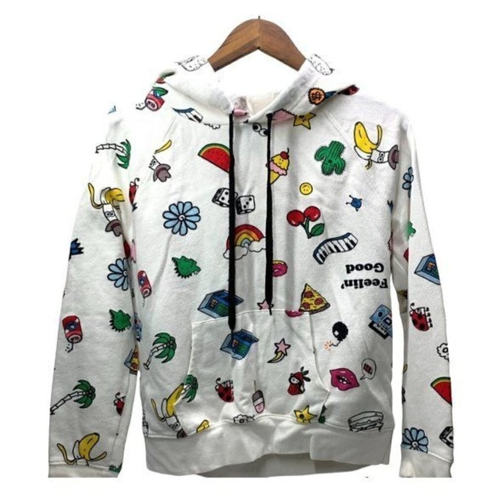 Forever 21 Hooded Emoji Sweater - White/Multi, Juniors Size Medium, Cotton Blend